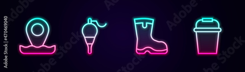 Set line Location fishing, Fishing float, boots and bucket. Glowing neon icon. Vector