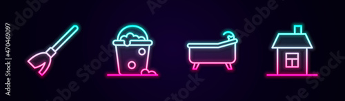 Set line Handle broom, Bucket with foam bubbles, Bathtub and House. Glowing neon icon. Vector