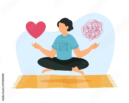 Concentration. Mental health. Woman meditating. Girl sitting in lotus position and flying. Person practicing yoga and choosing between love and doubts. Vector heart or tangled cord