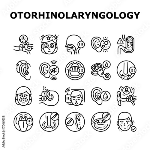 Otorhinolaryngology Treatment Icons Set Vector. Cholesteatoma And Hoarseness Health Problem, Rhinoplasty Surgery And Menieres Symptom Otorhinolaryngology Treat Black Contour Illustrations