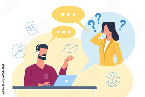 Call center. Customer support. Hotline service. Operator communicates with client on phone. Telemarketing worker. Technical help. Feedback and consultation. Vector assistance concept