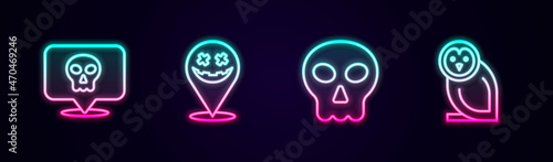 Set line Skull, Happy Halloween holiday, and Owl bird. Glowing neon icon. Vector