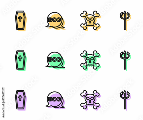 Set line Skull on crossbones, Coffin with christian, Boo speech bubble and Trident devil icon. Vector