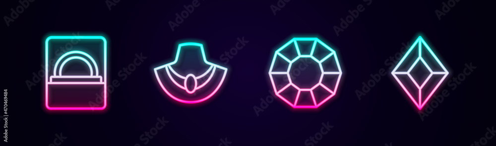 Set line Diamond engagement ring in box, Necklace mannequin, and Gem stone. Glowing neon icon. Vector Set line Diamond engagement ring in box, Necklace mannequin, and Gem stone. Glowing neon icon. Vector