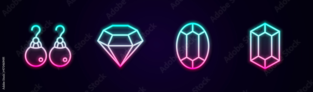 Set line Earrings, Diamond, Gem stone and . Glowing neon icon. Vector Set line Earrings, Diamond, Gem stone and . Glowing neon icon. Vector