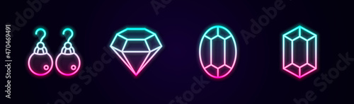 Set line Earrings, Diamond, Gem stone and . Glowing neon icon. Vector © Iryna