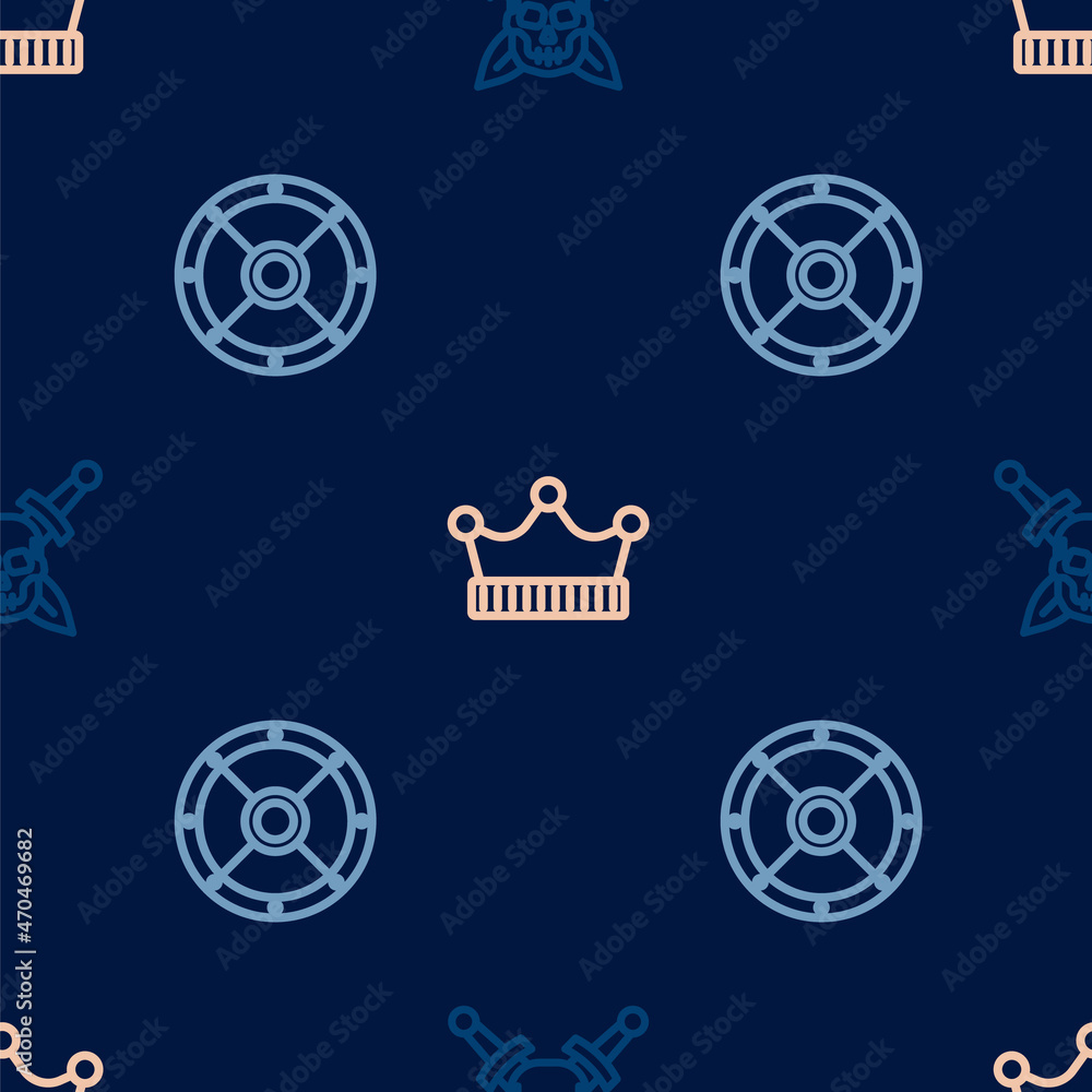 Set line Skull with sword, Round shield and King crown on seamless pattern. Vector
