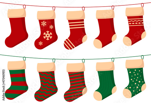 Set of christmas sock. Christmas stockings red green colors. Hanging holiday decorations for gifts. Vector illustration.