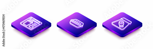 Set Isometric line Online ordering food, Lunch box and fish icon. Vector
