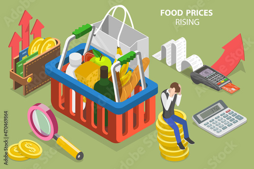 3D Isometric Flat Vector Conceptual Illustration of Food Prices Rising, High Family Expenses