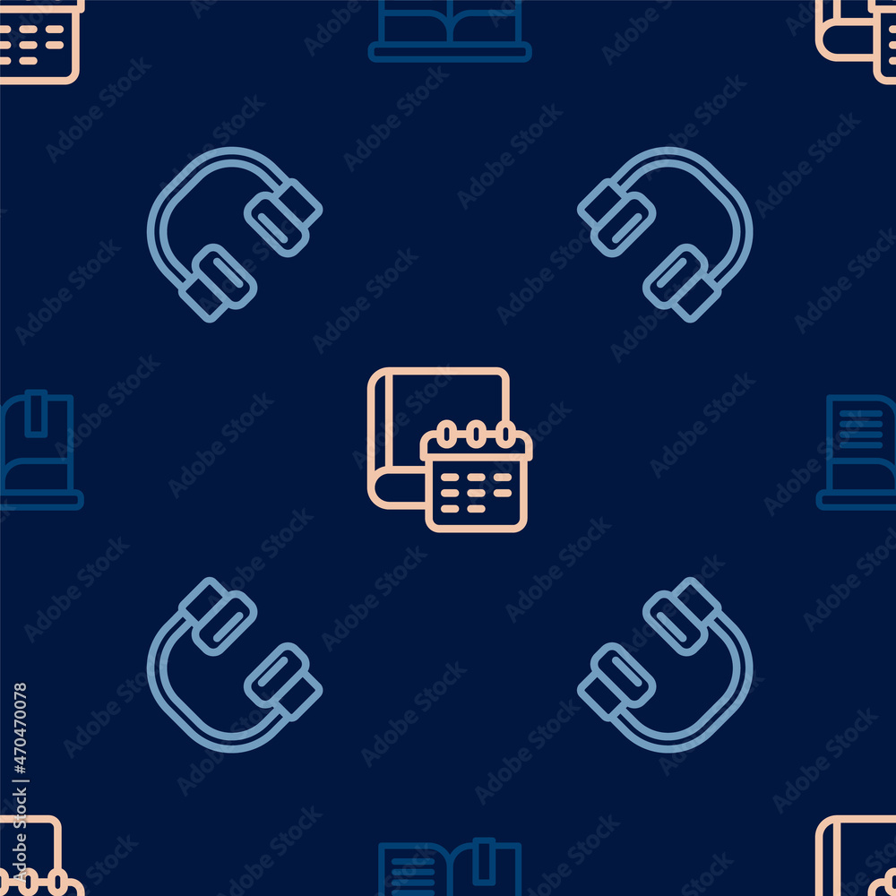Set line Open book, Headphones and Daily paper notepad on seamless pattern. Vector Set line Open book, Headphones and Daily paper notepad on seamless pattern. Vector