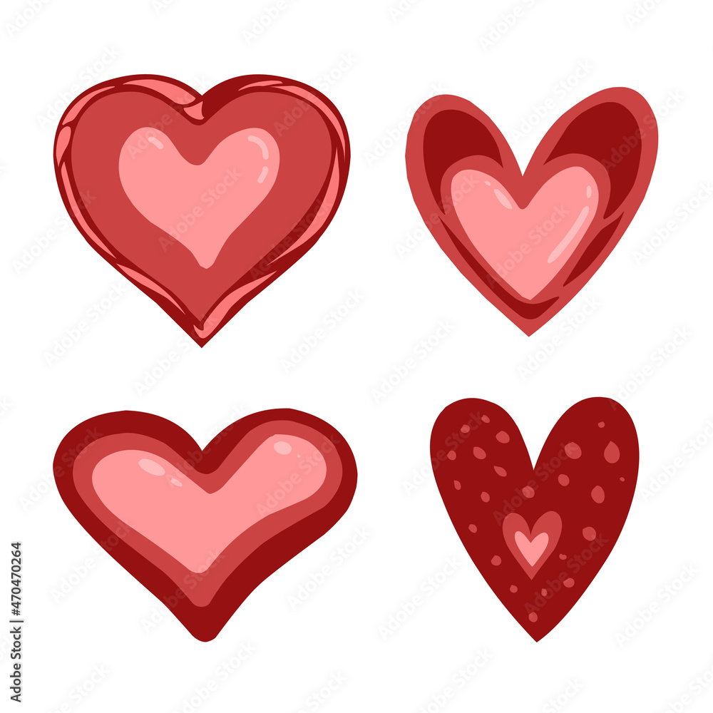 hearts set flat cartoon vector illustration color hand drawn clipart isolated on white background
