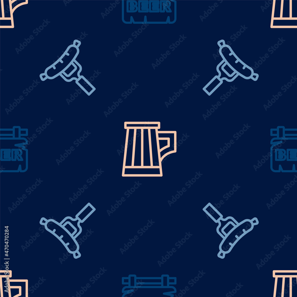 Set line Street signboard with Beer, Sausage on the fork and Wooden beer mug on seamless pattern. Vector Set line Street signboard with Beer, Sausage on the fork and Wooden beer mug on seamless pattern. Vector