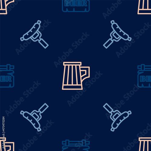 Set line Street signboard with Beer, Sausage on the fork and Wooden beer mug on seamless pattern. Vector