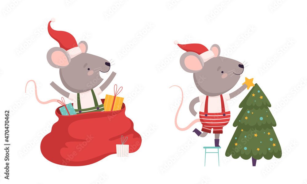 Cute Grey Mouse in Christmas Santa Hat Jumping Out of Sack with Gifts and Decorating Fir Tree Vector Set
