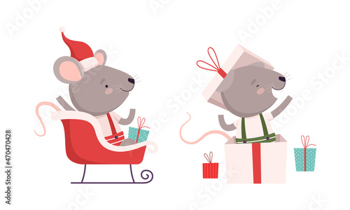 Cute Grey Mouse in Christmas Santa Hat Jumping Out of Gift Box and Riding Sledge Vector Set © topvectors