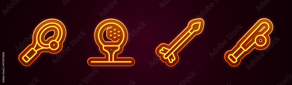 Obraz premium Set line Tennis racket with ball, Golf on tee, Medieval arrows and Baseball bat. Glowing neon icon. Vector