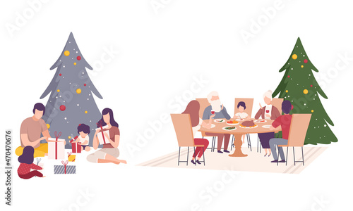 Family Decorating Near Christmas Fir Tree Unwrapping Gift Box and Having Festive Dinner at Table Vector Illustration Set