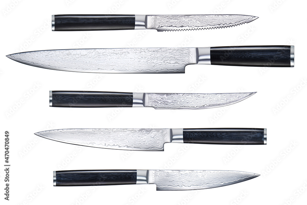 A set of professional Japanese kitchen knives from the finest steel on a white isolated background. A set of knives from a restaurant chef. The best tools for the kitchen and food preparation. A set of professional Japanese kitchen knives from the finest steel on a white isolated background. A set of knives from a restaurant chef. The best tools for the kitchen and food preparation.