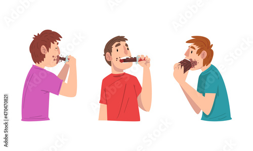 Young Guy Greedily Eating Bar of Chocolate Vector Set