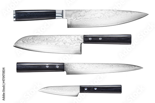 Konstfotografi A set of professional Japanese kitchen knives from the finest steel on a white isolated background