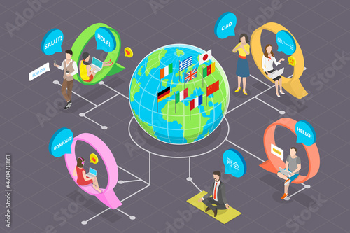 3D Isometric Flat Vector Conceptual Illustration of International Communication, Native Speakers Say Hello in Different Languages