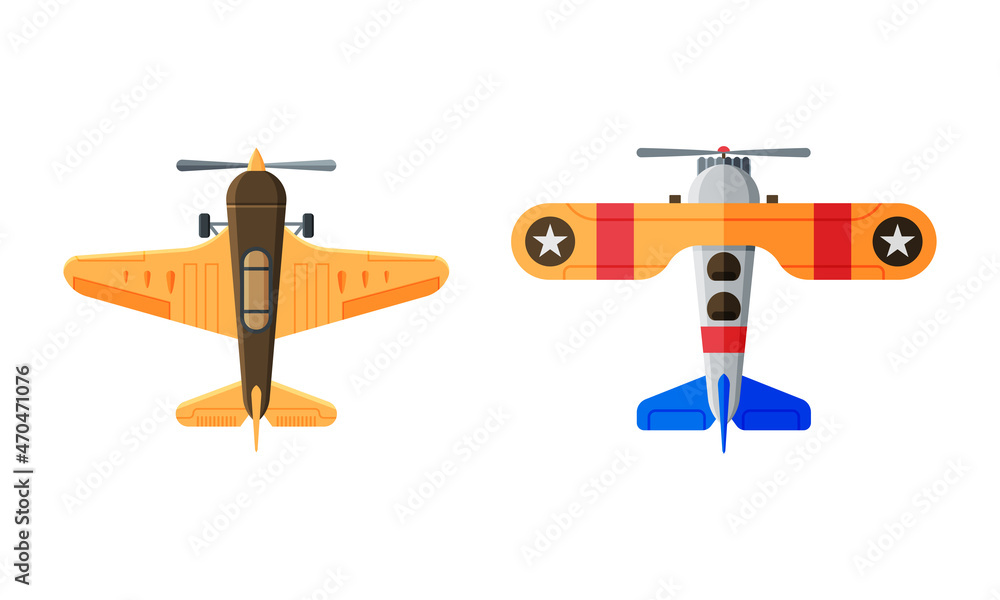 Flying Aircraft with Jet Engine View from Above Vector Set Flying Aircraft with Jet Engine View from Above Vector Set