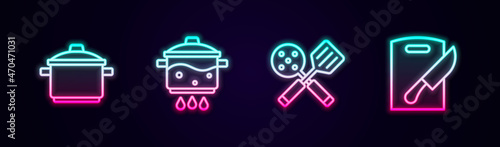Set line Cooking pot, on fire, Spatula and Cutting board and knife. Glowing neon icon. Vector