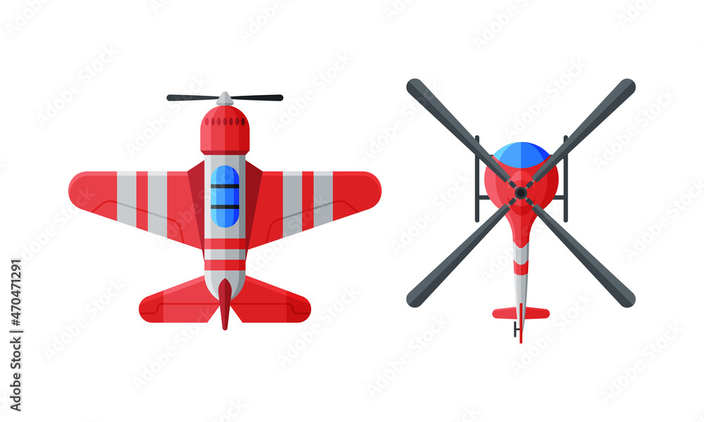 Flying Aircraft with Jet Engine and Propeller View from Above Vector Set Flying Aircraft with Jet Engine and Propeller View from Above Vector Set