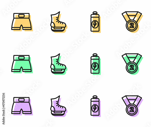 Set line Fitness shaker, Boxing short, Skates and Medal icon. Vector