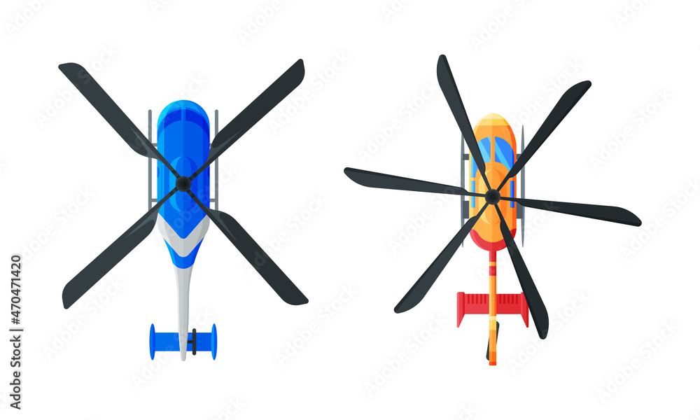 Flying Aircraft with Jet Engine and Propeller View from Above Vector Set Flying Aircraft with Jet Engine and Propeller View from Above Vector Set