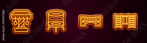 Set line Attraction carousel, Jumping trampoline, Playground kids bridge and Swedish wall. Glowing neon icon. Vector
