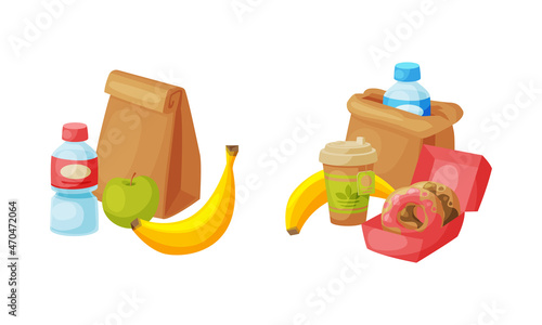 Kraft Paper Bag with Water Bottle, Banana and Donuts Vector Set photo