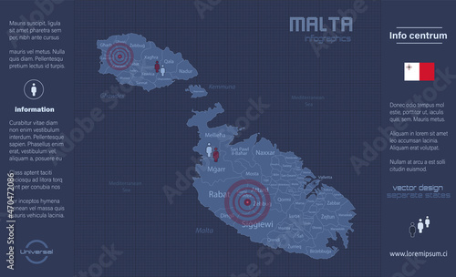 Malta map, separate regions with names, infographics blue flat design vector