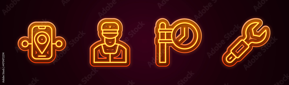 Set line Route location, Train conductor, station clock and Wrench spanner. Glowing neon icon. Vector Set line Route location, Train conductor, station clock and Wrench spanner. Glowing neon icon. Vector