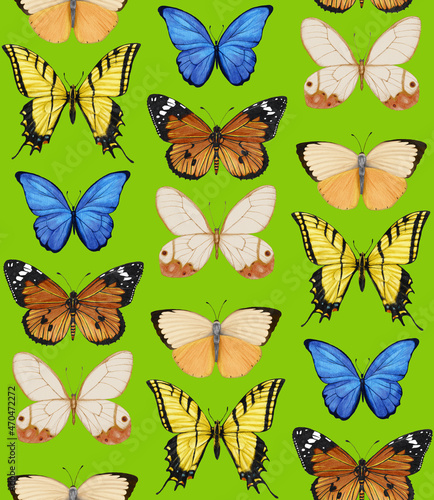Seamless pattern with butterflies. Forest background. Hand-drawn illustration, colored © Victoria Novak