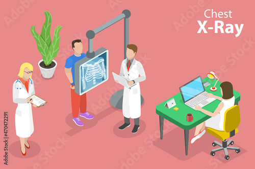 3D Isometric Flat Vector Conceptual Illustration of Chest X-ray, Radiologist Making Diagnosis