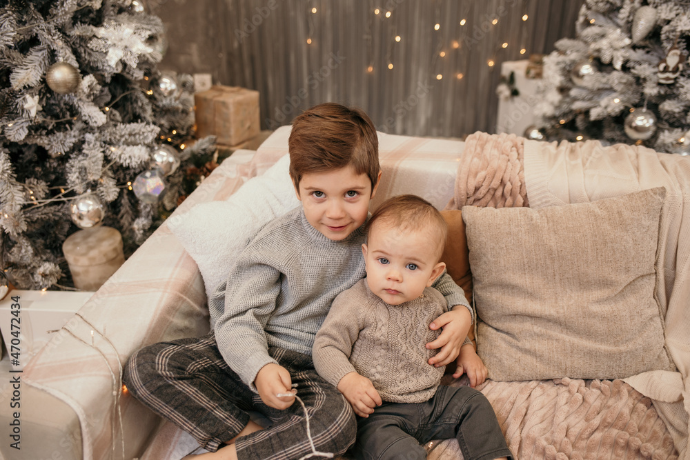 two brothers are sitting on the couch and hugging near the Christmas tree