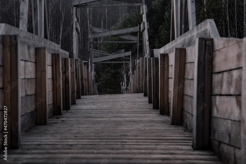 Old and gloomy wooden bridge over the river. Detachment in the water. Gloomy and mysterious forest. Cloudy sky. Wooden structure of an old abandoned bridge. Old and gloomy wooden bridge over the river. Detachment in the water. Gloomy and mysterious forest. Cloudy sky. Wooden structure of an old abandoned bridge.