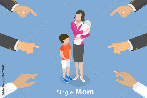3D Isometric Flat Vector Conceptual Illustration of Single Mom, Struggling with Society Criticism