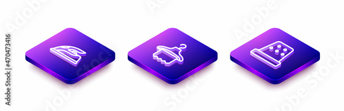Set Isometric line Electric iron, Hanger wardrobe and Thimble for sewing icon. Vector