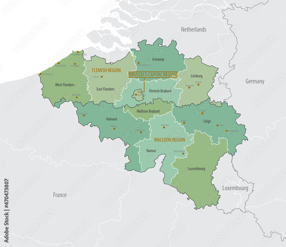 Fototapeta premium Detailed map of Belgium with administrative divisions into regions and Provinces, major cities of the country, vector illustration onwhite background