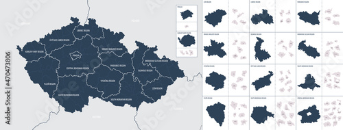 Vector color detailed map of Czech Republic with administrative divisions of the country, each regions is presented separately in highly detailed and divided into districts