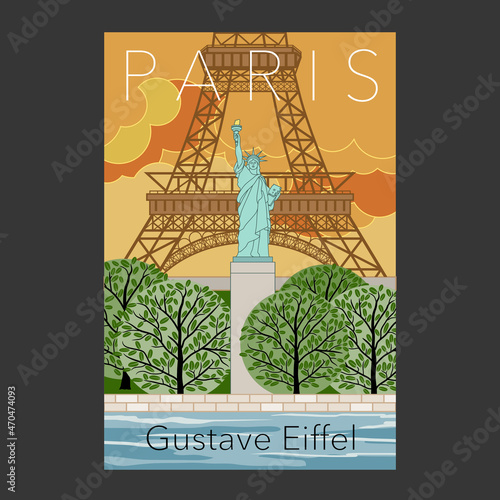 Affiche touristique en hommage à Gustave Eiffel avec la tour Eiffel et une copie de la statue de la Liberté, un lieu symbolique à l’ouest de Paris en France.