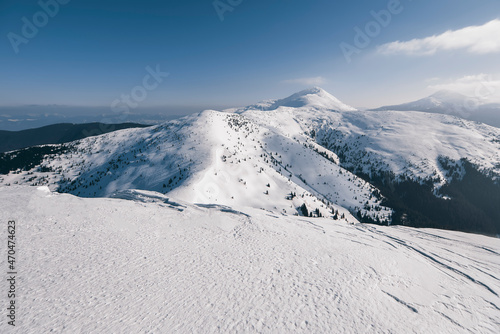 Very beautiful winter landscape in snowy mountains. Dramatic wintry scene. Panoramic view. Christmas holiday concept. Carpathians mountain, Ukraine. © lesia