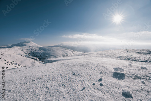 Very beautiful winter landscape in snowy mountains. Dramatic wintry scene. Panoramic view. Christmas holiday concept. Carpathians mountain, Ukraine.