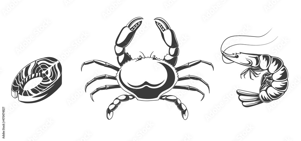 Seafood sketch engraving. Shrimp, crab salmon  Sea cuisine