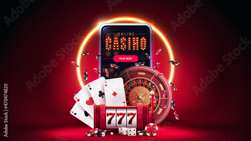 Canvas Online casino, red banner with smartphone, slot machine, Casino Roulette, poker chips and playing cards in red scene with orange neon ring on background