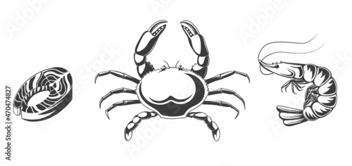 Seafood sketch engraving. Shrimp, crab salmon  Sea cuisine