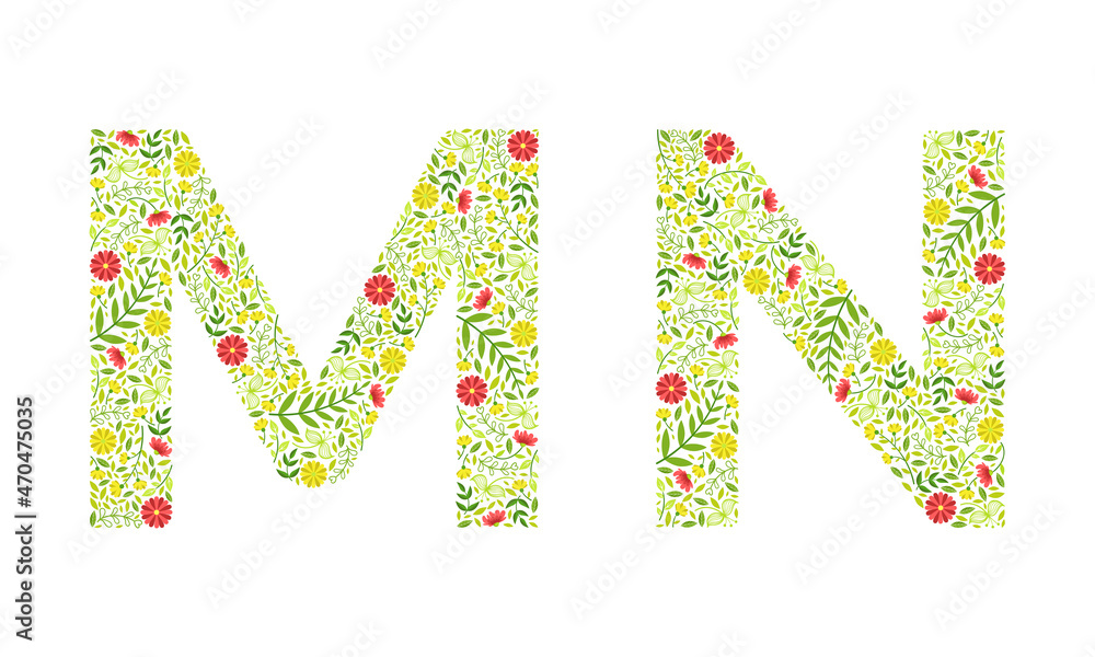 Floral Alphabet Capital Letter Arranged of Floret and Green Leaf Vector Set Floral Alphabet Capital Letter Arranged of Floret and Green Leaf Vector Set